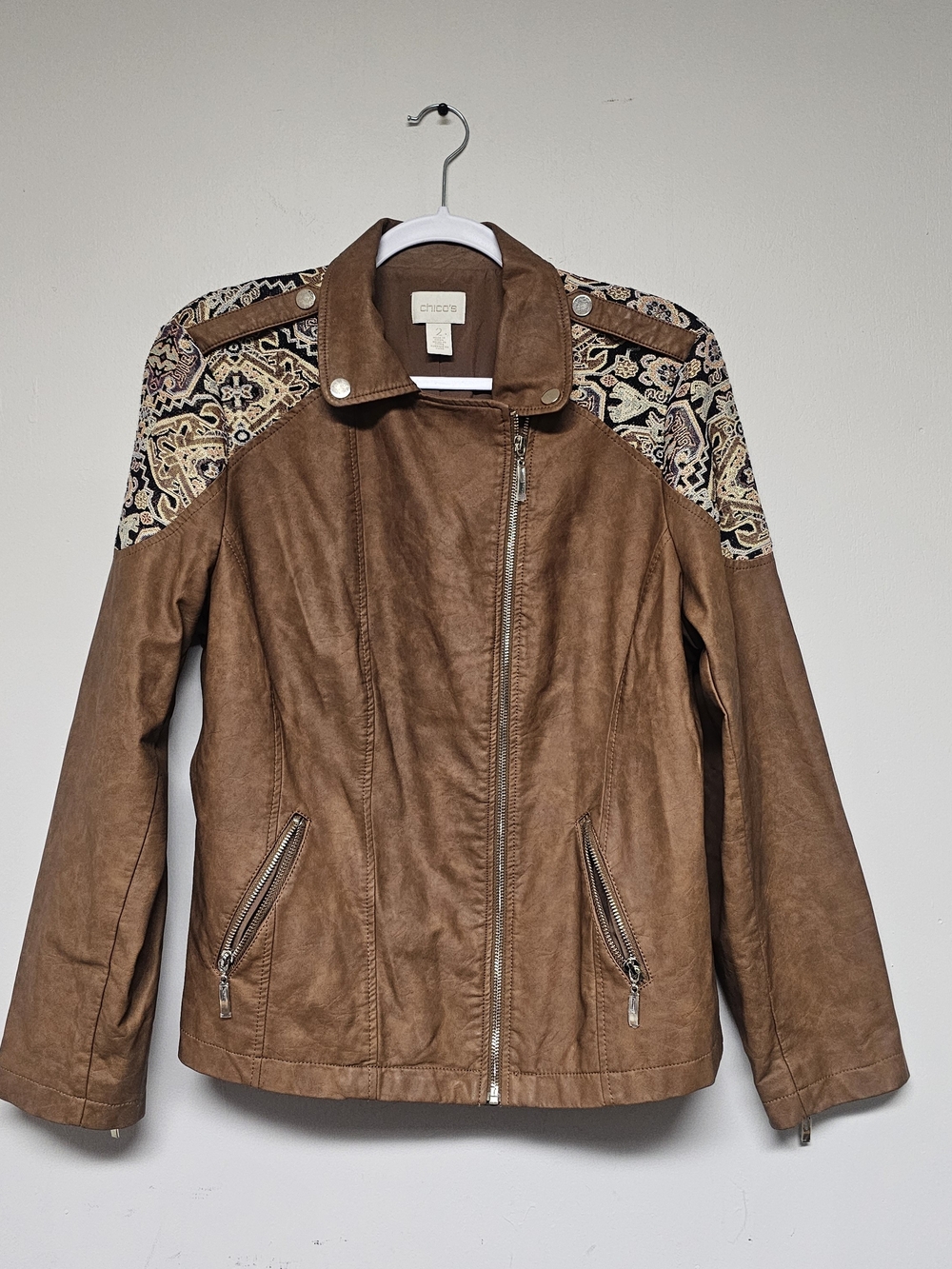 Chico's Brown Faux-Leather Moto Jacket Jacquard Paisley Size Large Artsy Western - Picture 2 of 11
